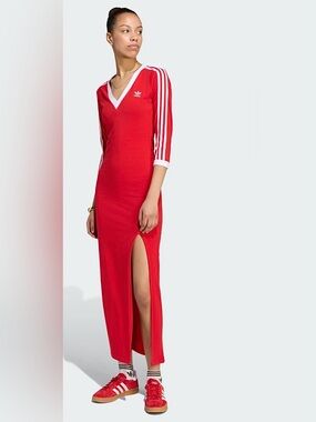 NWT ADIDAS Red Maxi Track Dress with White Stripes L